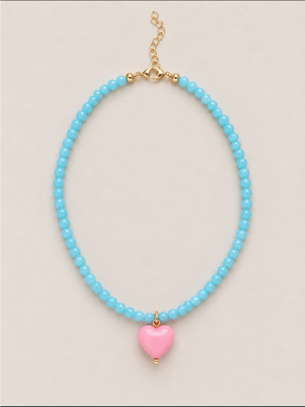 New! Blue Beaded Necklace with Pink Heart Pendant Gold Tone Extender NWOT